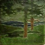 Square glazed tile decorated with landscape scene in glaze