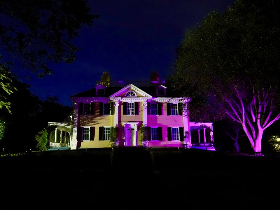 yellow mansion with symmetrical facade illuminated at night, with the right half lit up in purple. elm tree at right also illuminated purple