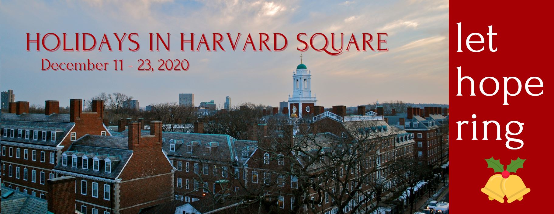 Aerial view of Harvard Square at sunset. Red brick buildings with white trim in snow, bell tower in distance