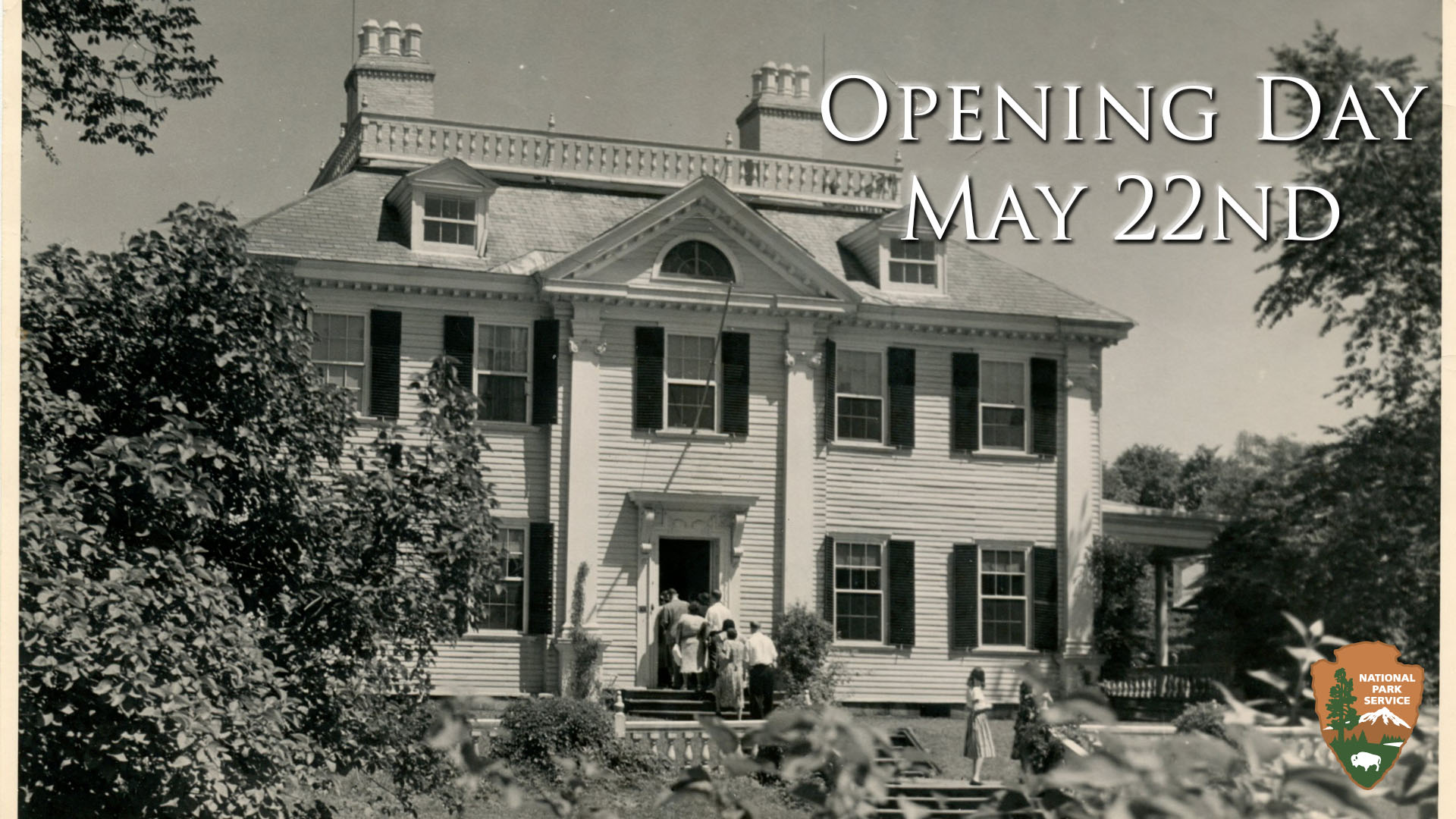 Opening Day -- May 22nd, 2019! black and white image of visitors entering a colonial mansion