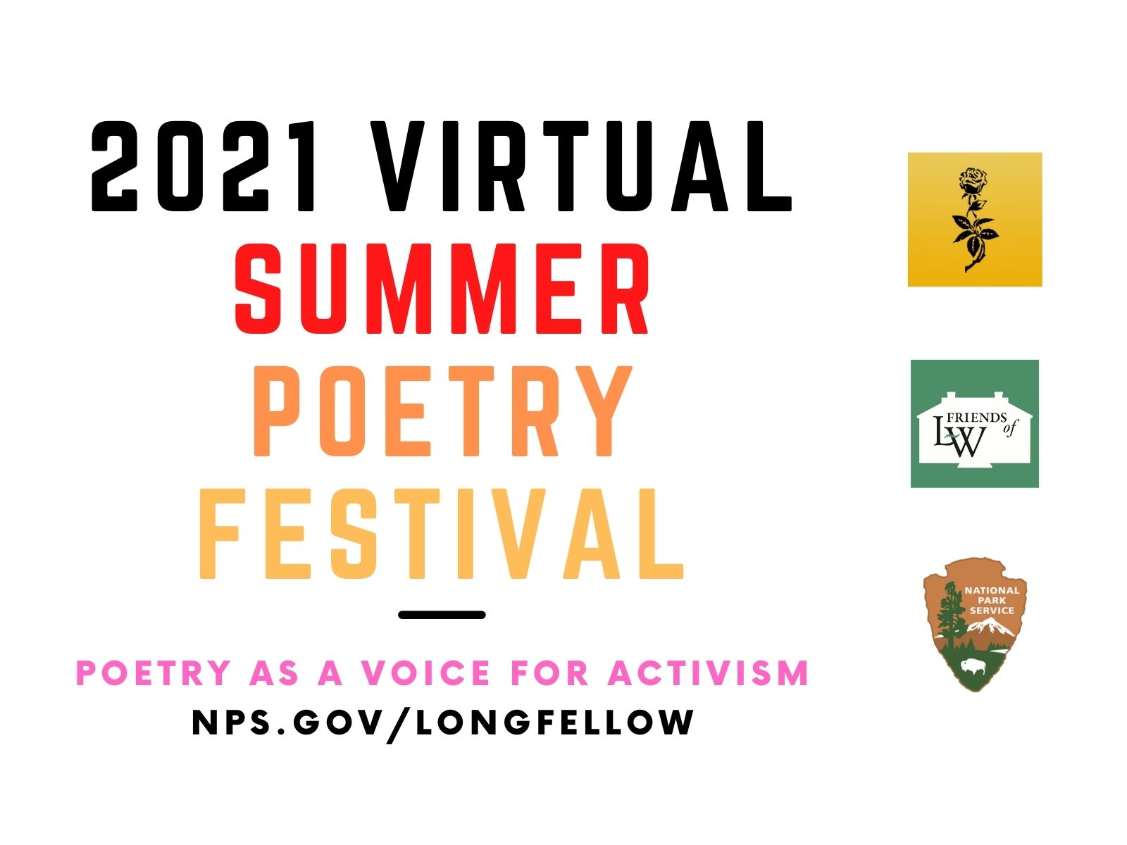 2021 Poetry Festival Logo Logo - 2021 Virtual Summer Poetry Festival: Poetry as a Voice for Activism (red, yellow, and orange text on a cream background)