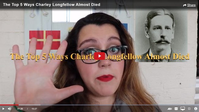 Screencap of a video, showing a ranger and the title "The Top 5 Ways Charley Longfellow Almost Died"