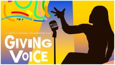Giving Voice movie poster, with yellow and blue background and performer silhouette with microphone