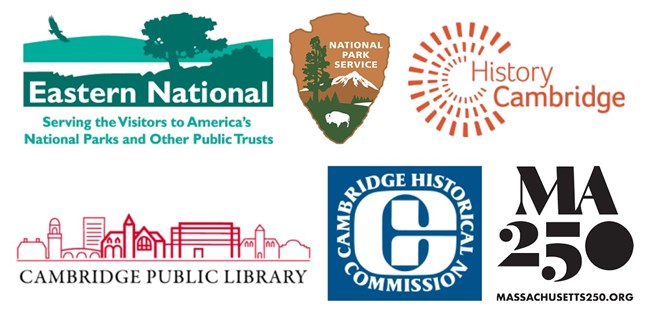 Logos for Eastern National, National Park Service, History Cambridge, Cambridge Public Library, Cambridge Historical Commission, and MA 250