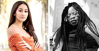 Portrait of Alondra Bobadilla (left) wearing a coral colored shirt and a black and white portrait of Porsha Olayiwola (right) in a black shirt and light colored jacket