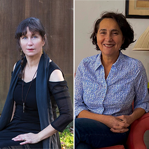 Side by side portraits of Dzvinia Hoffman, in black, and Nidia Hernandez, in blue, both seated