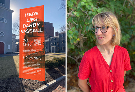 Orange banner with "HERE LIES DARBY VASSALL" next to headshot of Nicole Piepenbrink