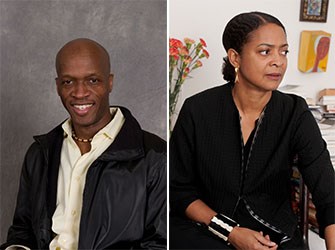Portraits of Jean Dany Joachim in a white shirt and black jacket, and Danielle Legros Georges in a black jacket with flowers and paintings in the background