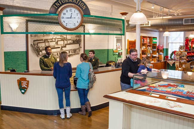 The front desk at the Boott Cotton Mills Museum