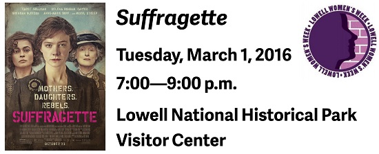 Lowell Womens Week logo and cover of Suffragette DVD