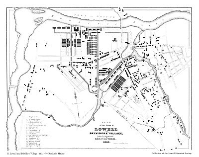 An 1832 map of Lowell, showing the early development of the canals and mills along the Merrimack River