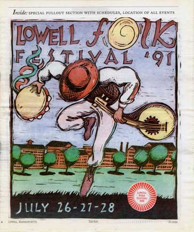 A program "Lowell Folk Festival '91" depicting a musician dancing with a banjo and tambourine.