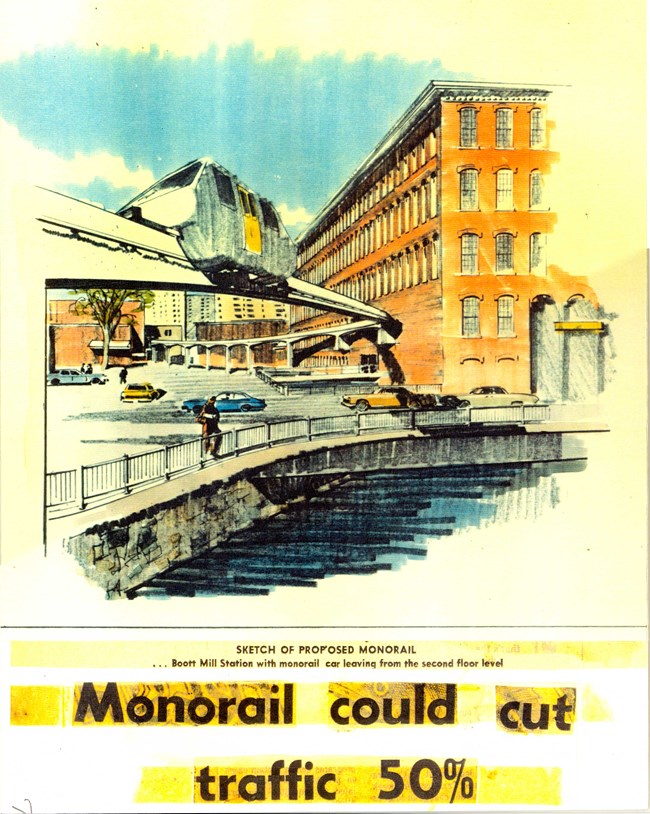 Concept art of a monorail leaving from the second floor level of a mill. In bold text reads: "Monorail could cut traffic 50%".