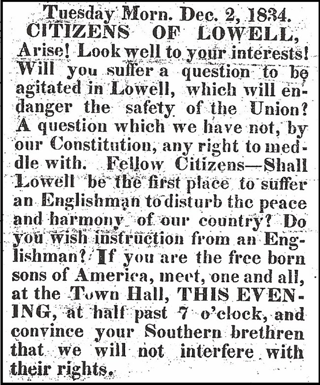 An advertisement for a pro-slavery meeting asking citizens of Lowell to voice their support for Southerners to reassure them that their “rights” - specifically to enslave people – would not be infringed.
