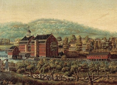 A painting of the Boston Manufacturing Company along the Charles River