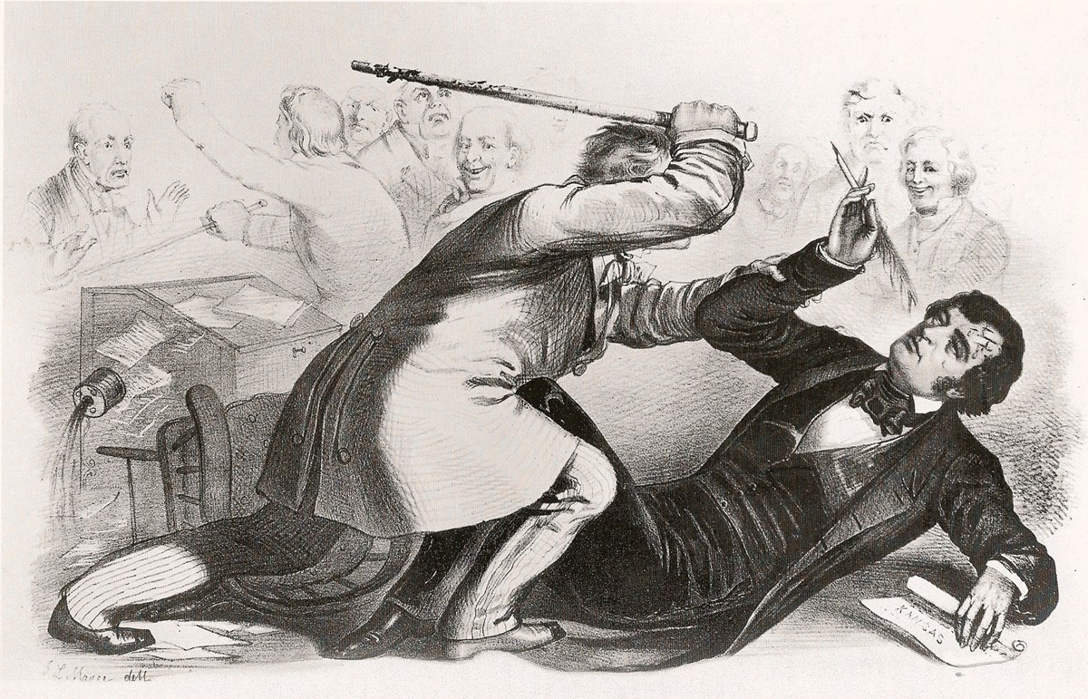 A lithograph showing a man in a white coat holding a bloodied cane by the handle, which is drawn back in preparation to strike. The white coated man is holding Charles Sumner, a white man with dark hair, by the arm. Charles Sumner is holding a quill.