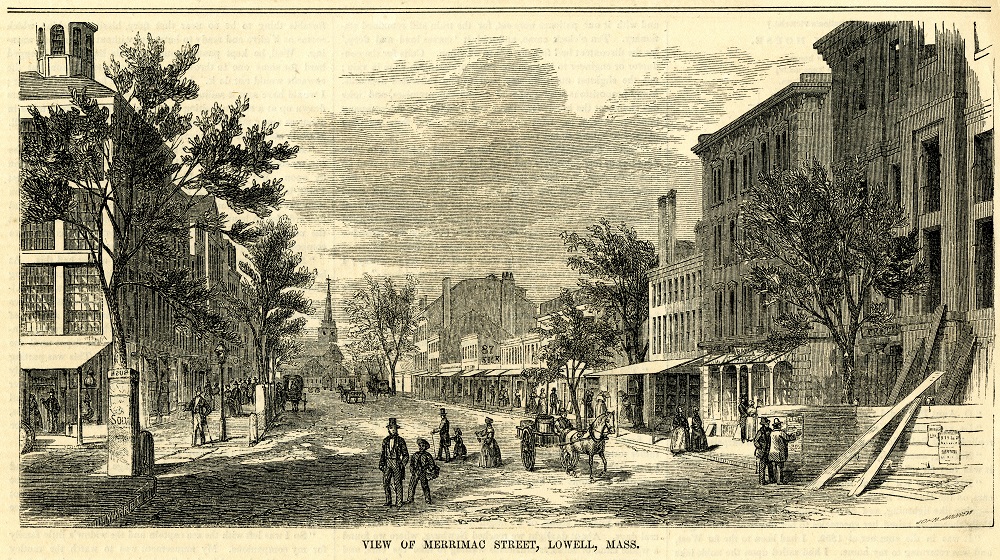 A black and white drawing of a street scene, slightly yellowed with age. At the end of the street is a church, and on the street are pairs of people walking and horse drawn carts and wagons.