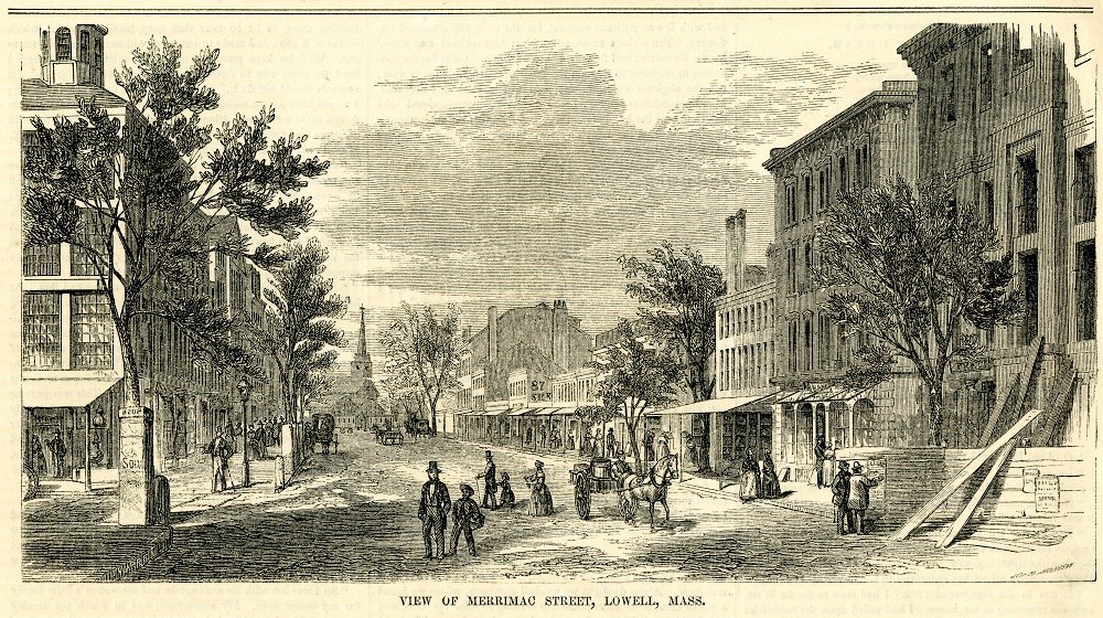 A black and white drawing of a street scene, slightly yellowed with age. At the end of the street is a church, and on the street are pairs of people walking and horse drawn carts and wagons.