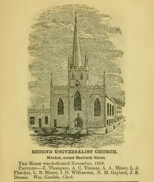 Lowell’s Second Universalist Church on Market Street at the corner of Shattuck Street has a flat façade, with three tall arched windows. The steeple extends from the center toward the sky topped with a cross, with smaller steeples surrounding it.
