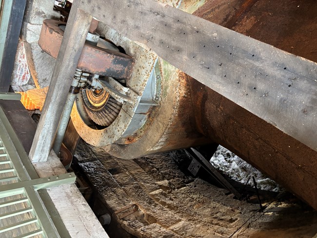 A top view down of an exposed turbine pit
