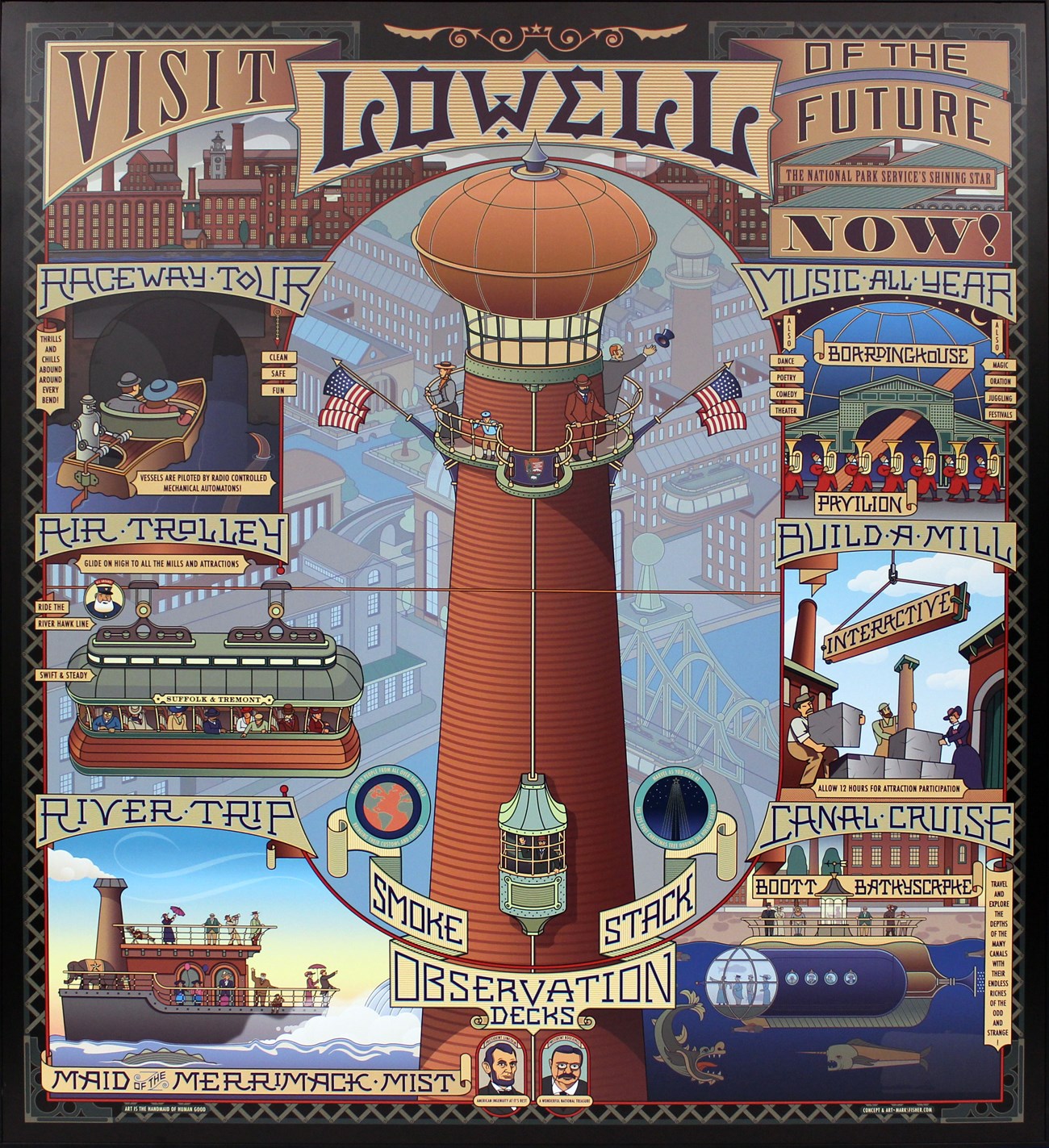 A smokestack observation deck is in the center of a poster-collage. "Visit Lowell of the Future Now!"adorns futuristic steampunk-inspired scenes of the city.