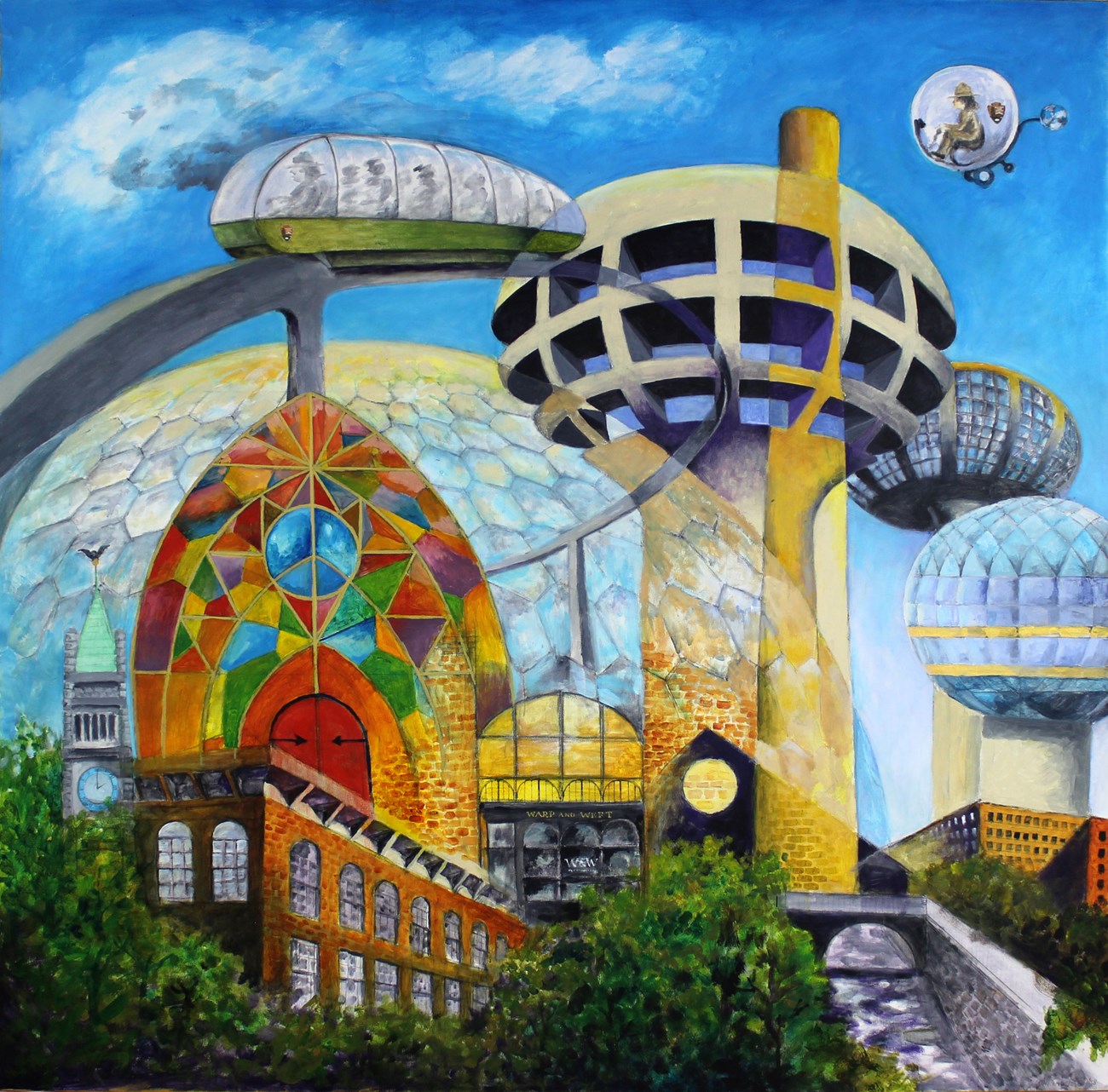 A painting of a futuristic city. A ranger pilots a flying craft by a monorail. There are spherical observation decks atop towers, a domed city, and architecture of the old mill buildings.