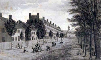 An illustration of the Merrimack Mills boardinghouses from 1845