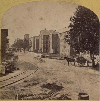 The exterior of the Lawrence Manufacturing Company in 1860