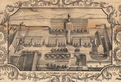 An illustration of the Merrimack Manufacturing Company (a cotton textile factory) in 1850