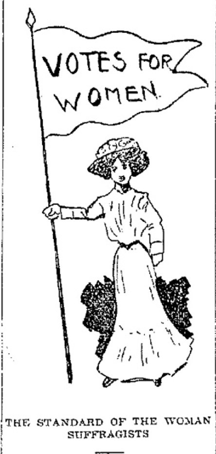 A sketch of a woman holding a flag with the words Votes for Women inscribed.