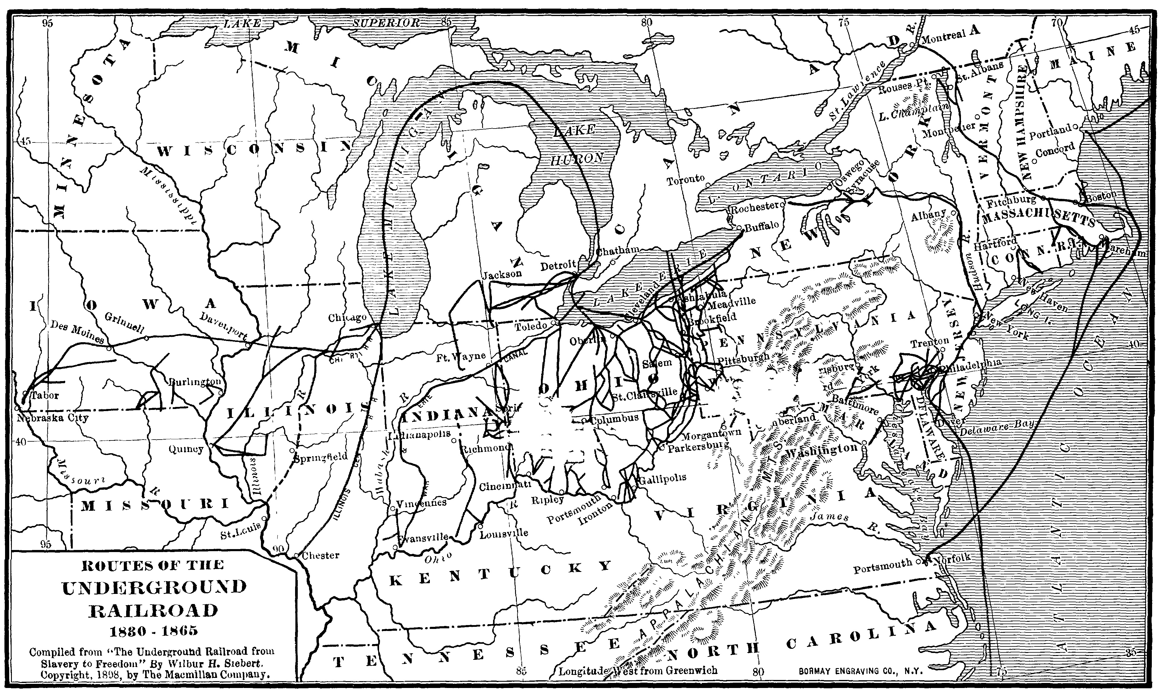This map, published in 1898, shows the routes of the Underground Railroad from 1830-1865.