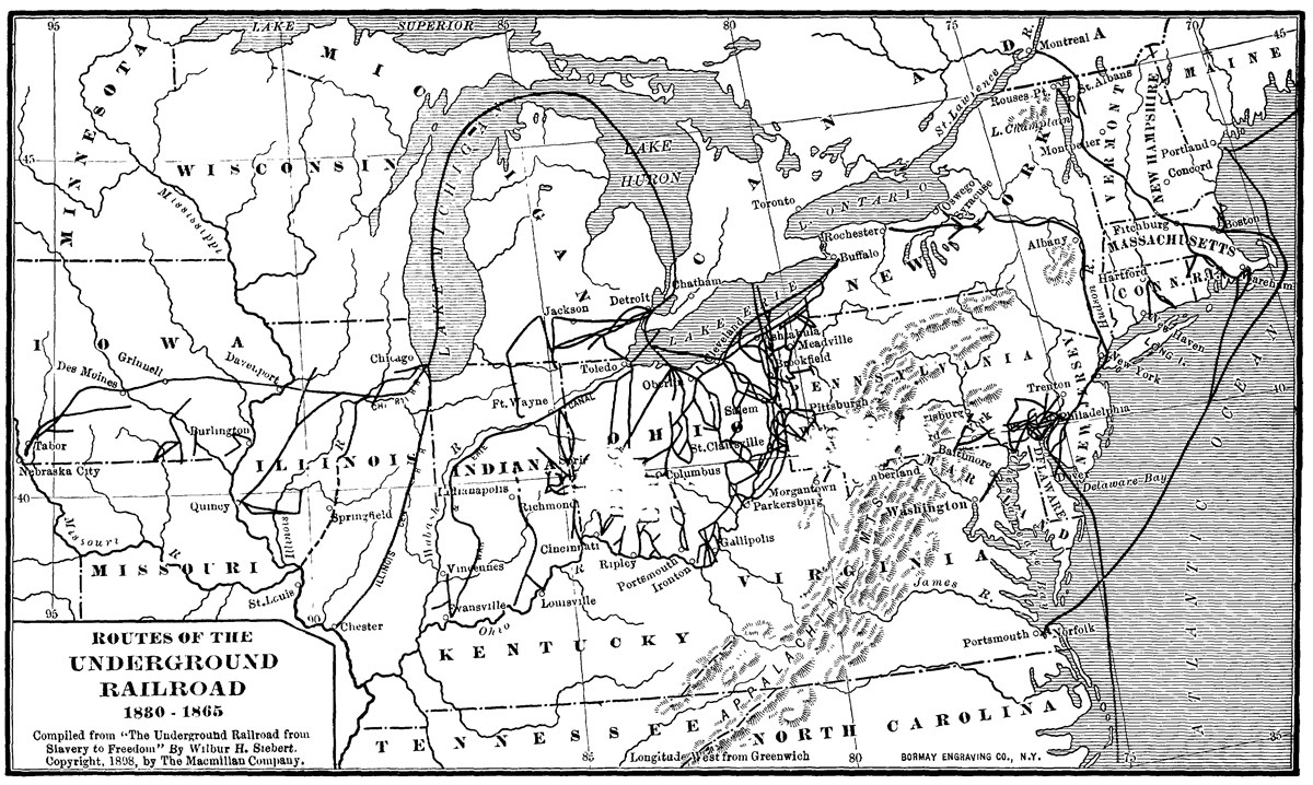 This map, published in 1898, shows the routes of the Underground Railroad from 1830-1865.