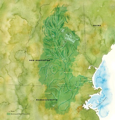 A map of the Merrimack River shows the river's route from central New Hampshire, through northern Massachusetts, and out the the Atlantic Ocean