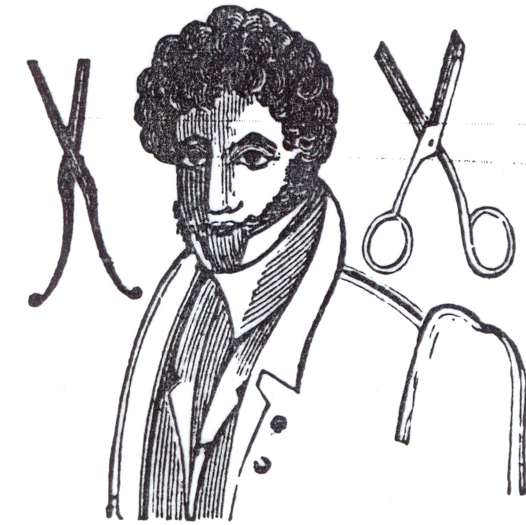 An illustration of Horatio Foster, well dressed with curly black hair, is flanked on either side by large barbers’ scissors.