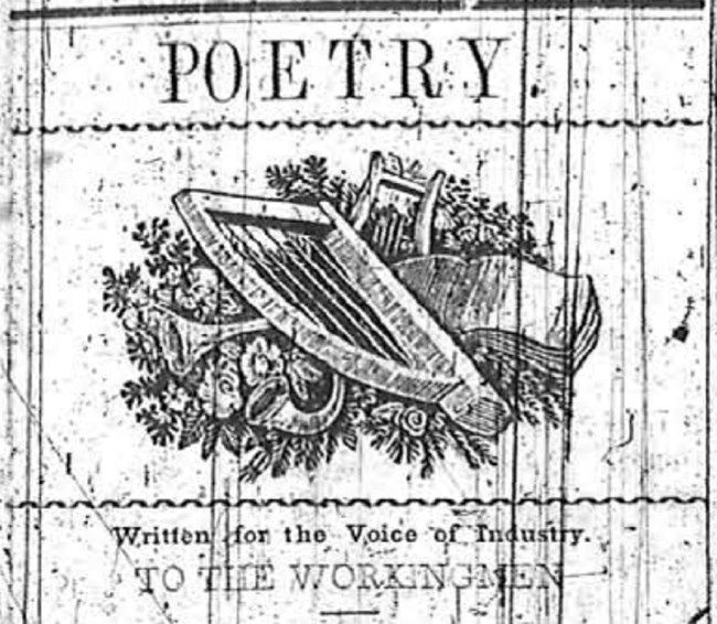 A sketch of a harp lying atop flowers, books and horns with the text "Written for the Voice of Industry to the workingmen" below