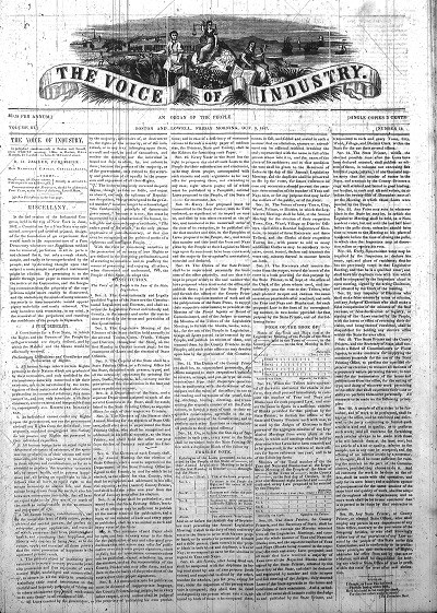 The cover for a 1840s paper "Voice of Industry"
