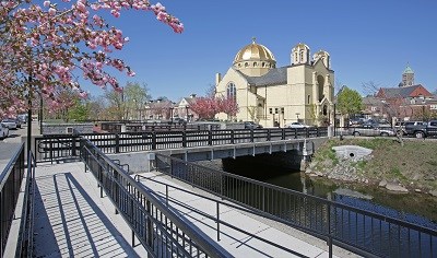 A modern view of the Western Canal with the Holy Trinity Greek orthodox church in the background