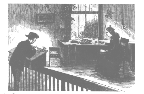 A female telegraph operator sits at a desk