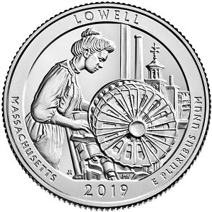 Reverse of Lowell quarter depicting a female worker at her loom with the Boott Mills clocktower visible through a window behind her