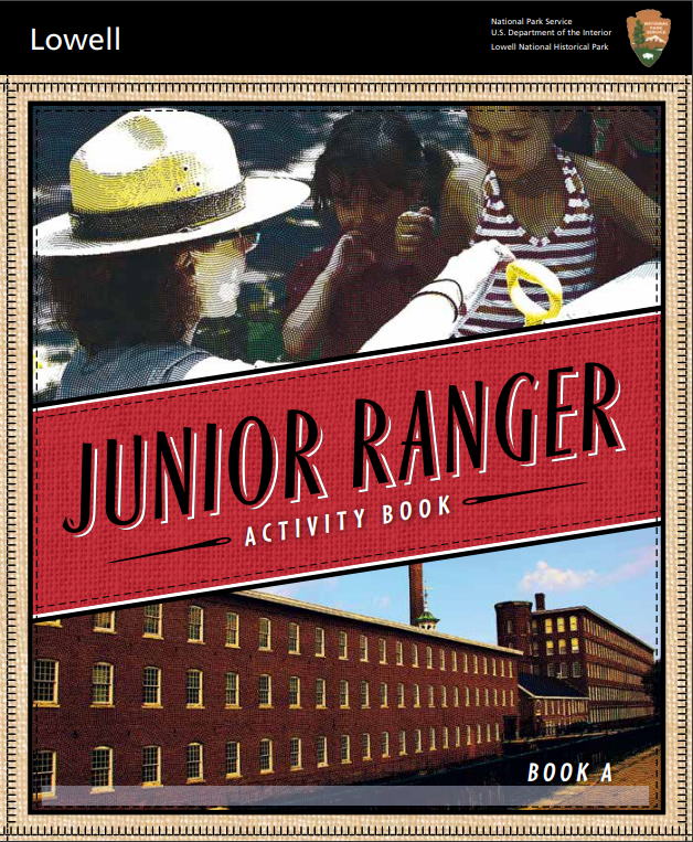 The cover for the Junior Ranger workbook featuring images of a ranger talking to two young girls and a brick factory building