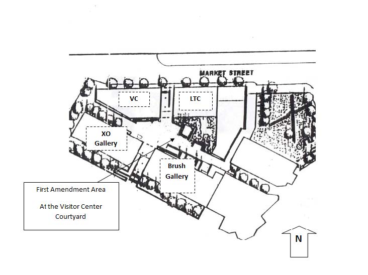 Black and White sketch of Market Mills marking "VC" "LTC" "XO Gallery" and "Brush Gallery" with an arrow pointing to a part of the courtyard marked First Amendment Area