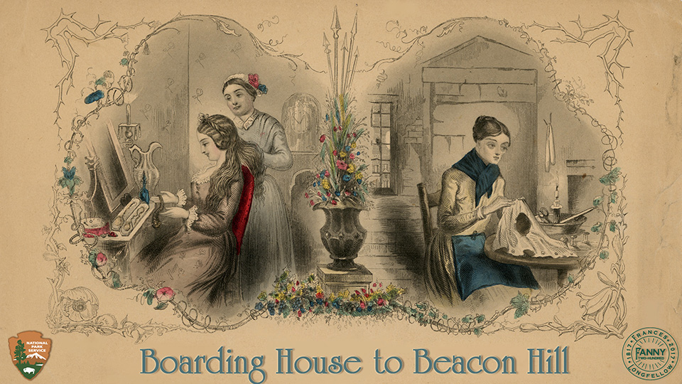 Boarding House to Beacon Hill Boarding House to Beacon Hill. Two illustrations of women. Women on the left sitting with a maid at a dressing table, the woman on the right, knitting, wearing torn clothes