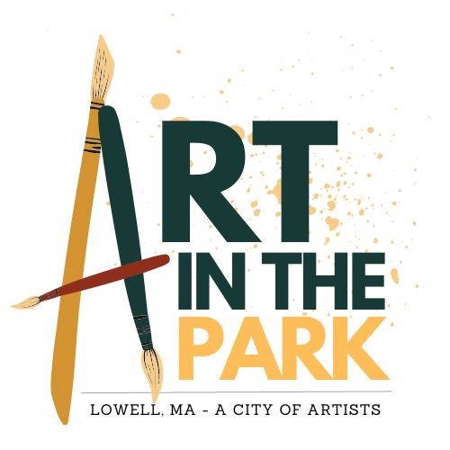 Three illustrations of paintbrushes for the capital letter 'A' in the words "Art in the Park" Beneath this it says, "Lowell, MA - A city of artists"