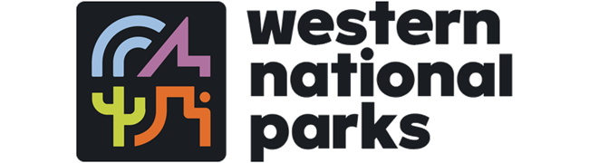 Colorful logo with a mountain, butte, and cactus, and words "western national parks."