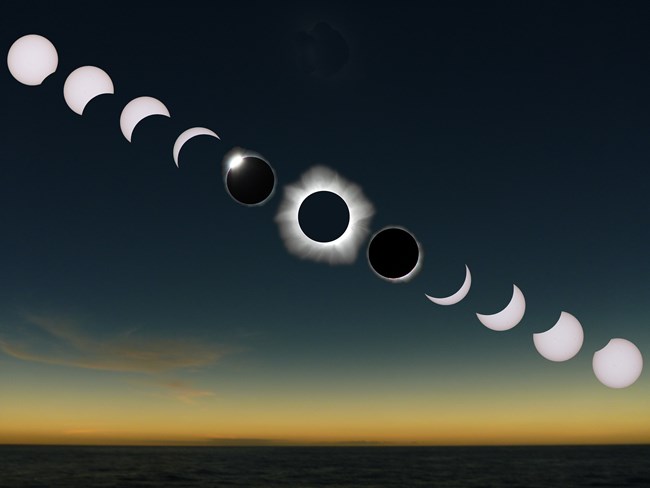 A sequence of eclipse photos showing the movement of the moon in front of the sun.