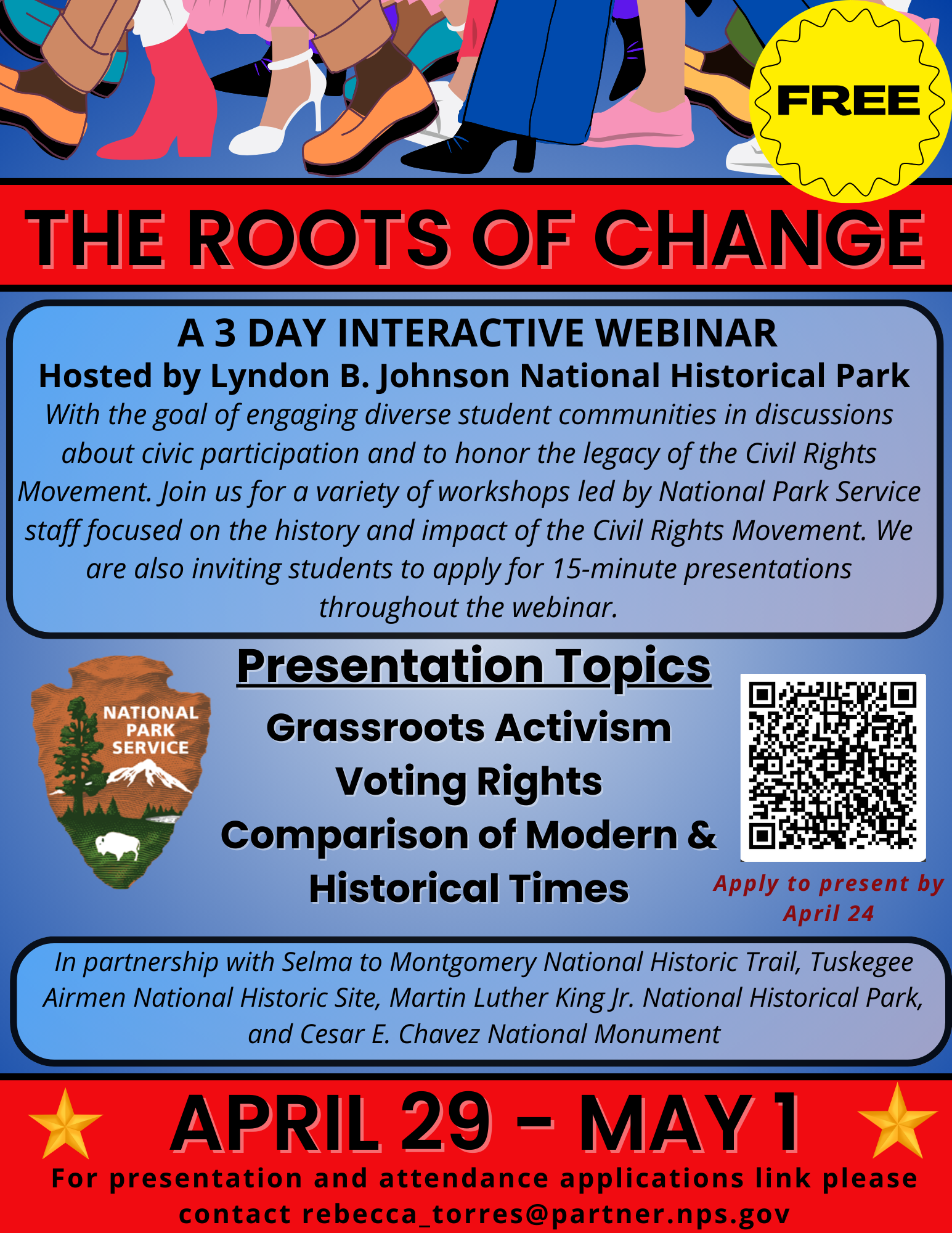 A poster for a webinar with specific information and the bold title 'The Roots of Change'