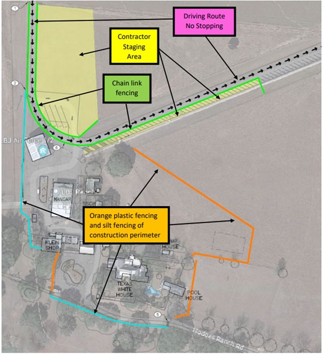 A map showing the Texas White House and nearby buildings. Colored lines depict construction perimeter, contractor staging area, and visitor driving route.