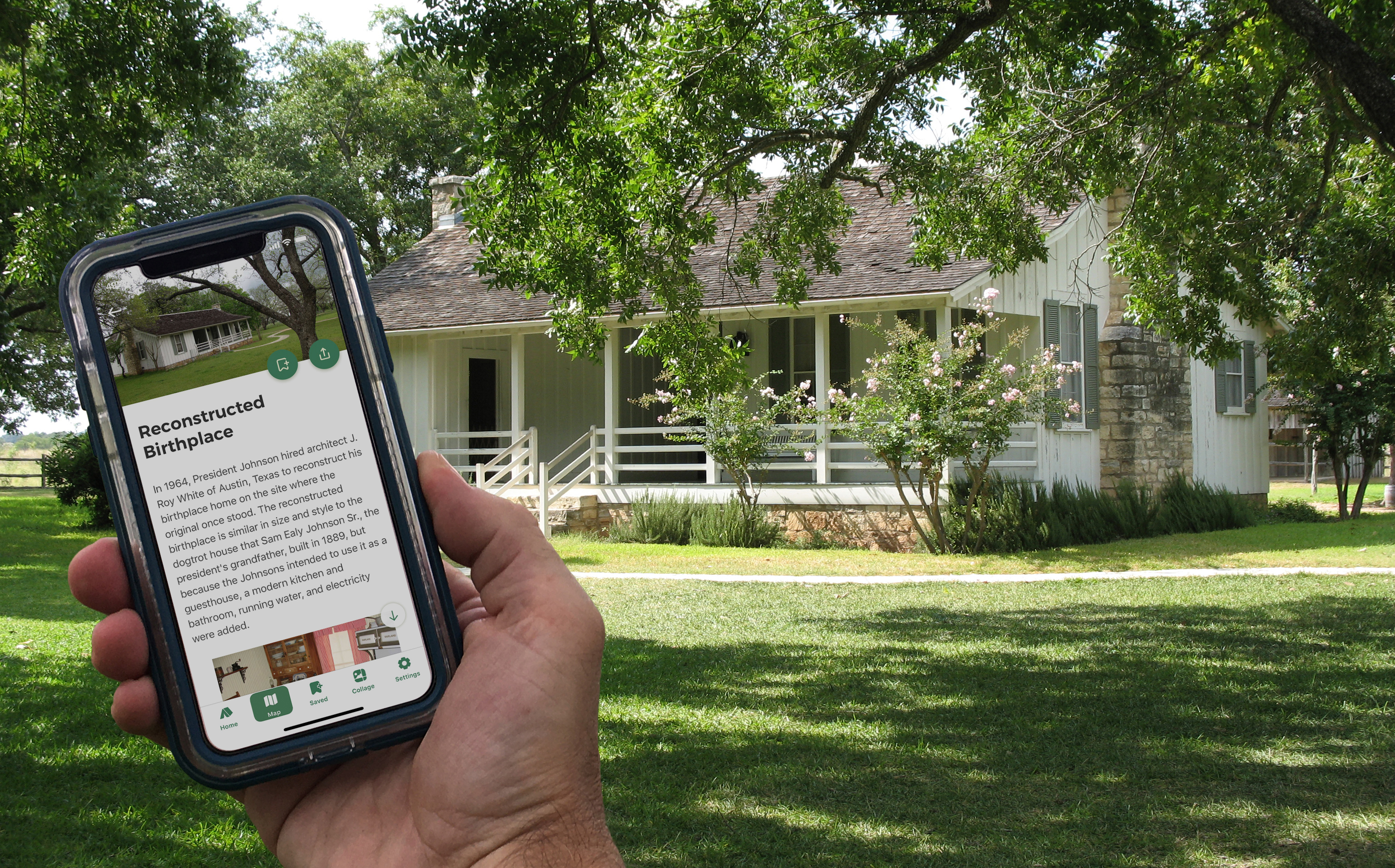 A hand holds a cell phone showing a screen titled "Reconstructed Birthplace." In the background is a small, white frame house.