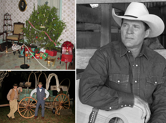 Photos of Brian Black, Texas musician, next to photos of a chuckwagon and the Boyhood Home Christmas tree.