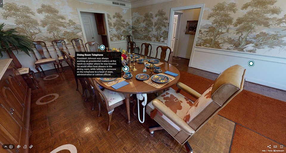 A callout box tells the history of the telephone hanging under the ding room table in a screenshot from the Texas White House virtual tour.